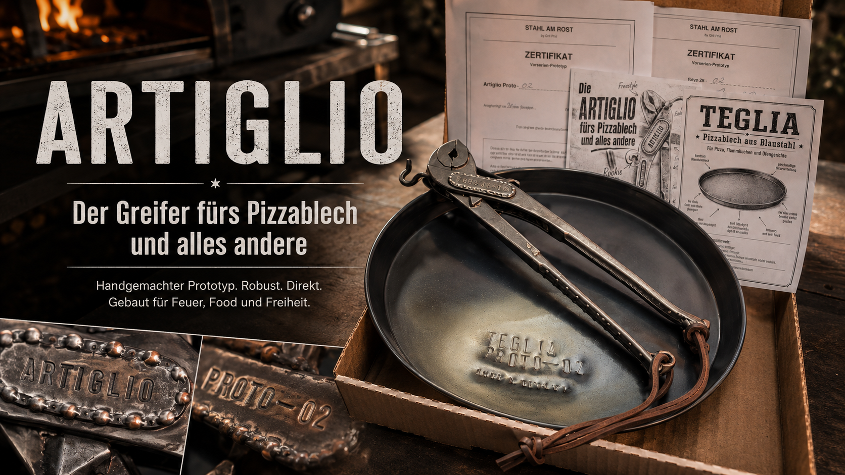 Artiglio mit Teglia, Zertifikaten und Produktbeilegern