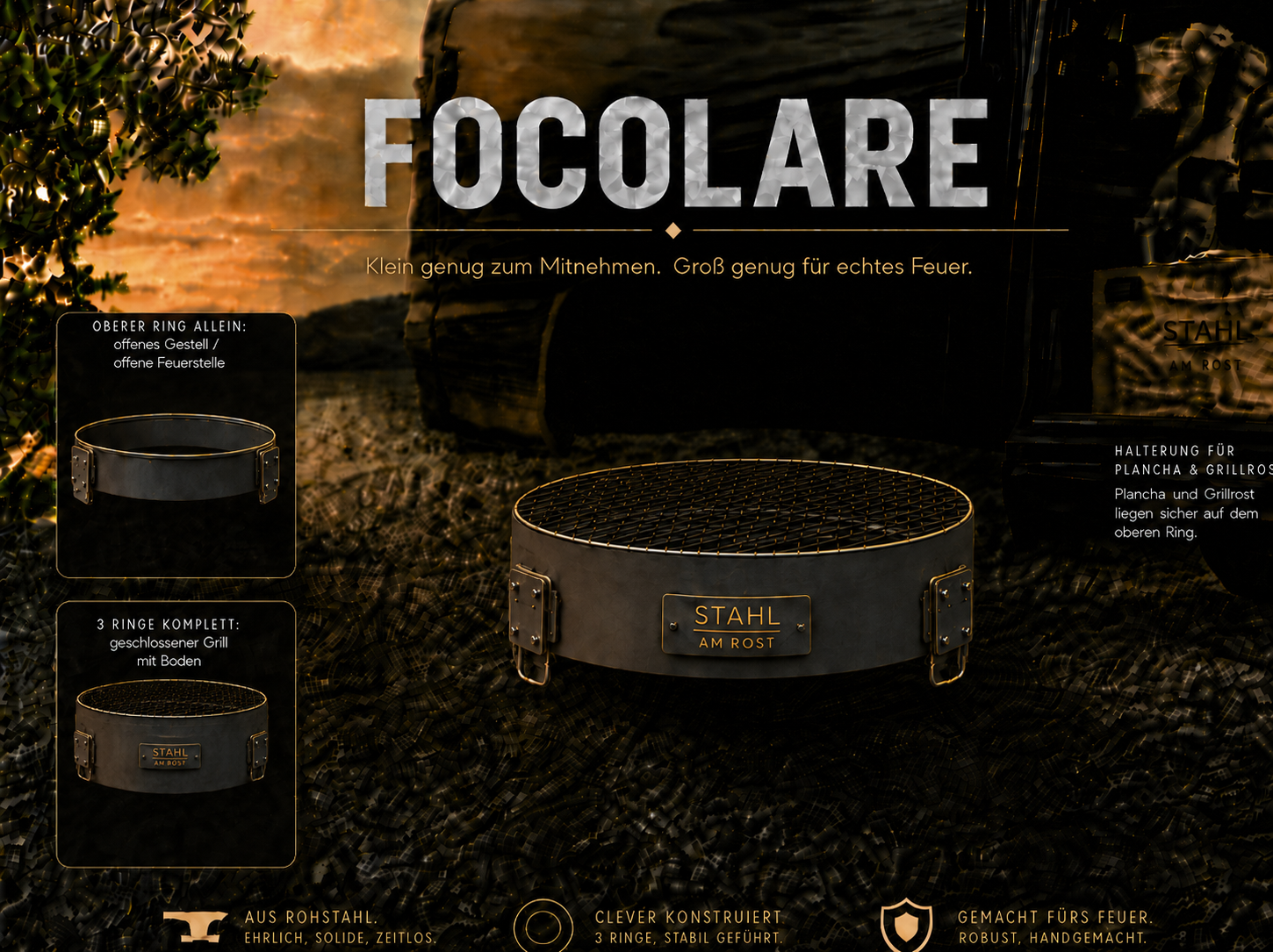 Focolare mit eingesetzten Ringen, Grillrost und Plancha
