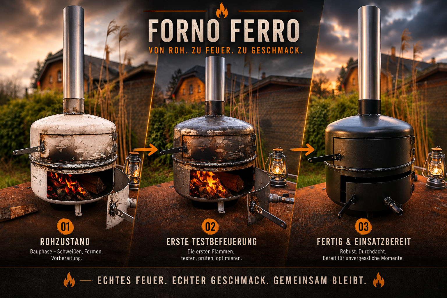 Forno Ferro 3er-Bild: Rohzustand, erste Testbefeuerung und fertig & einsatzbereit