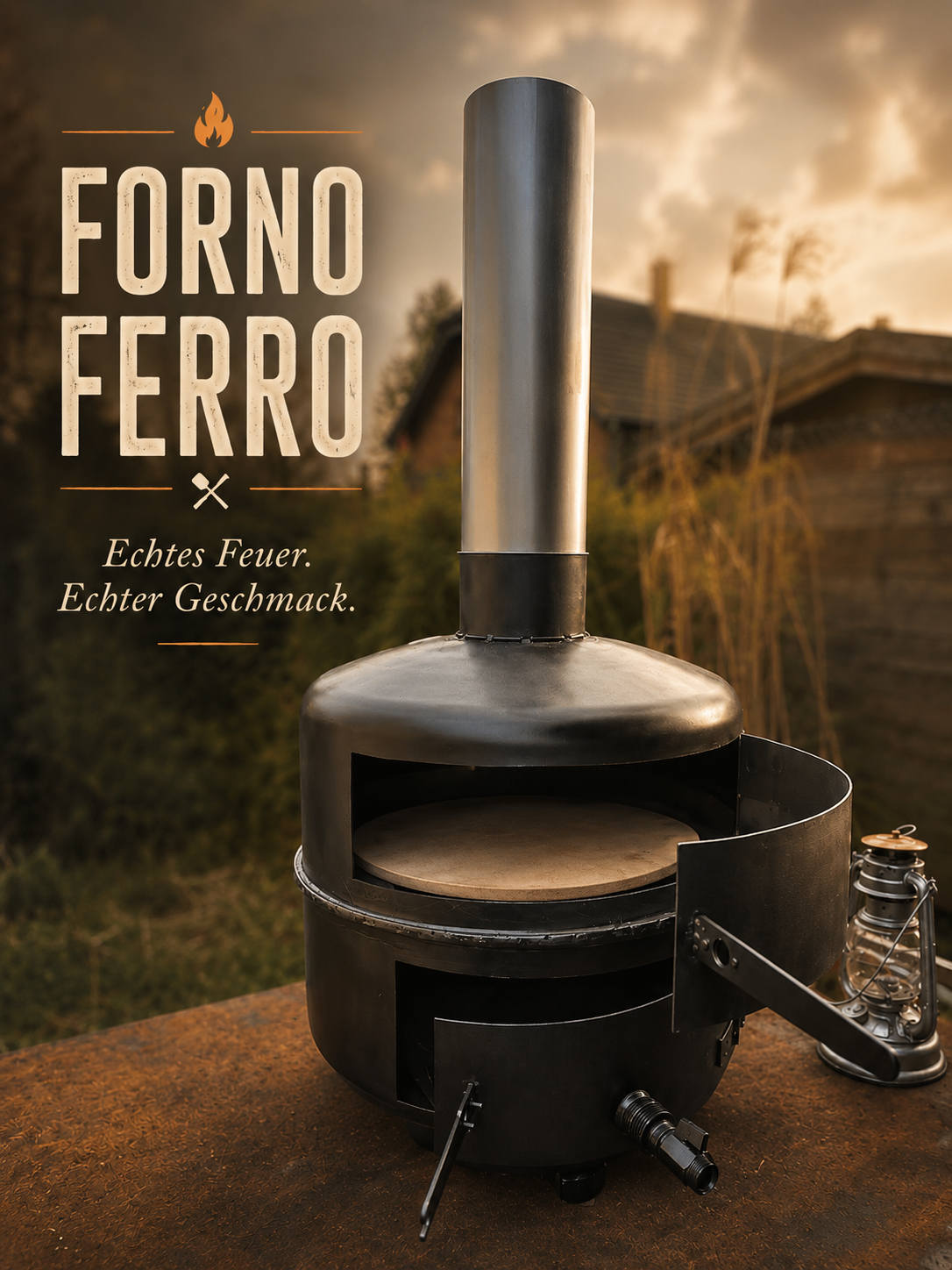 Forno Ferro mit geöffneter Tür und Feuerhand Laterne