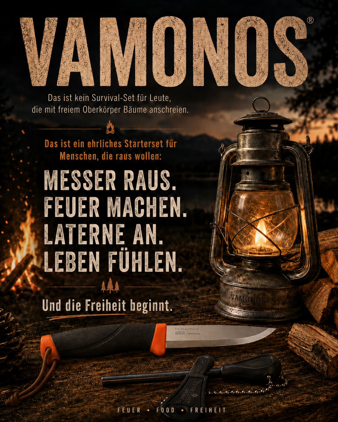 Vamonos Starterset mit Feuerhand Laterne, Mora Messer und Friendly Swede Feuerstahl